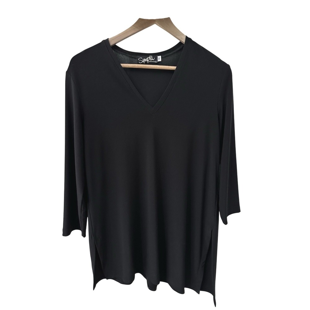 Sympli V-Neck Tunic Top 10 Black 3/4 Sleeve Side Slit Jersey Made‎ in Canada